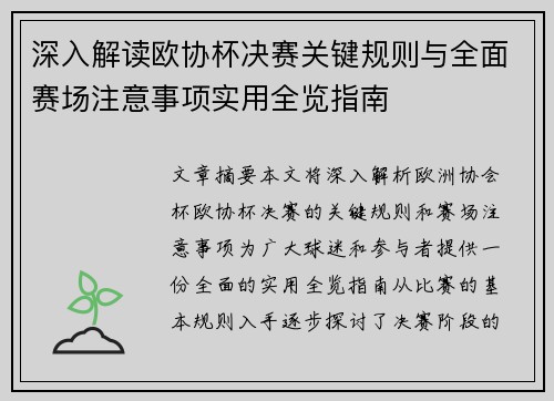 深入解读欧协杯决赛关键规则与全面赛场注意事项实用全览指南