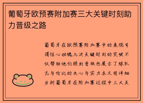 葡萄牙欧预赛附加赛三大关键时刻助力晋级之路 葡萄牙欧预赛附加赛三大关键时刻助力晋级之路
